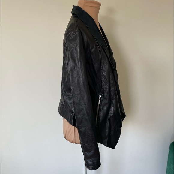 Cigno Nero Black Leather Shawl Collar Open Front Ribbed Knit Combo Jacket 36/4 - Picture 4 of 8